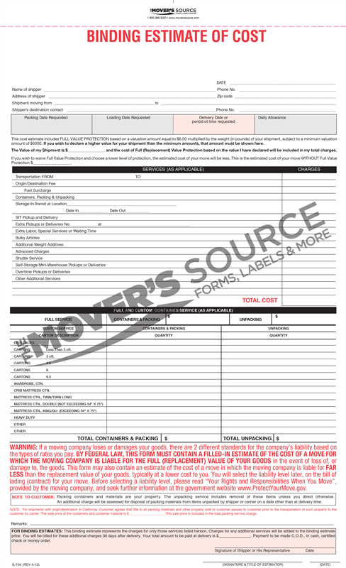 customizable forms interstate military moving estimate form