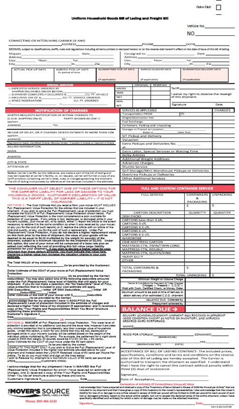 Household Goods Bill of Lading